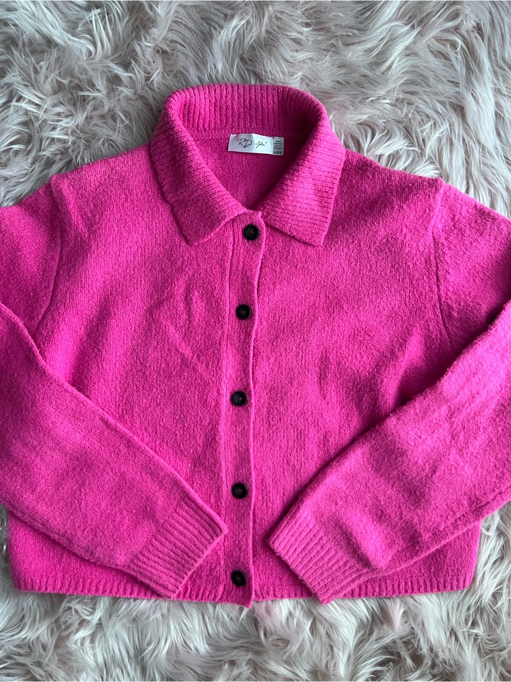 RD Style Bright Pink Button-Up Collared Cardigan Large